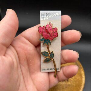 22k Gold Plated Enamel Rose Brooch/Pin 90's
